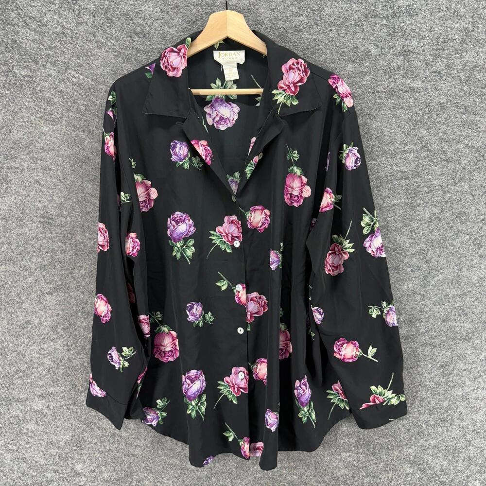 Jordan Shirt Women 18W Plus Black Floral Button Up Collared Long Sleeve Casual
